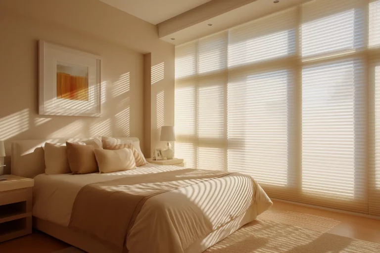 Schlafzimmer mit geschlossenen Plissees. Die warme Sonne scheint angenehm hindurch.